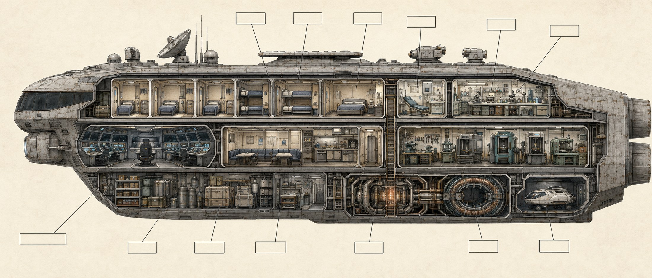 Painted cutaway of the Curiosity showing all three decks