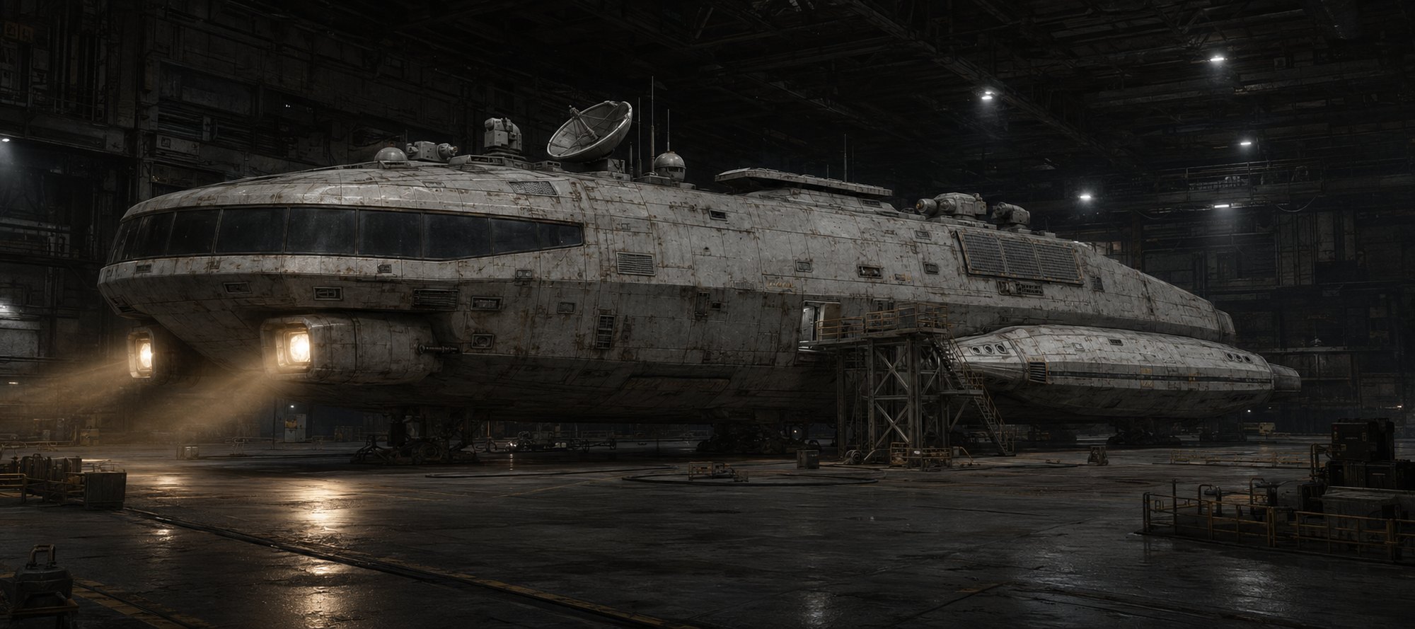 The research vessel Curiosity in a deep-space hangar, searchlights lit
